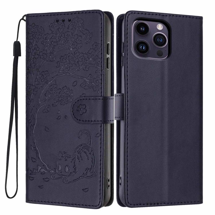 Funda para teléfono plegable de piel vegana con relieve de gato y árbol, For iPhone 14 Pro Max, For iPhone 13 Pro Max, For iPhone 13 Pro, For iPhone 13, For iPhone 12 Pro Max, For iPhone 12 / 12 Pro