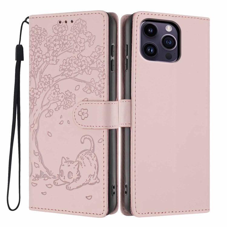 Funda para teléfono plegable de piel vegana con relieve de gato y árbol, For iPhone 14 Pro Max, For iPhone 13 Pro Max, For iPhone 13 Pro, For iPhone 13, For iPhone 12 Pro Max, For iPhone 12 / 12 Pro
