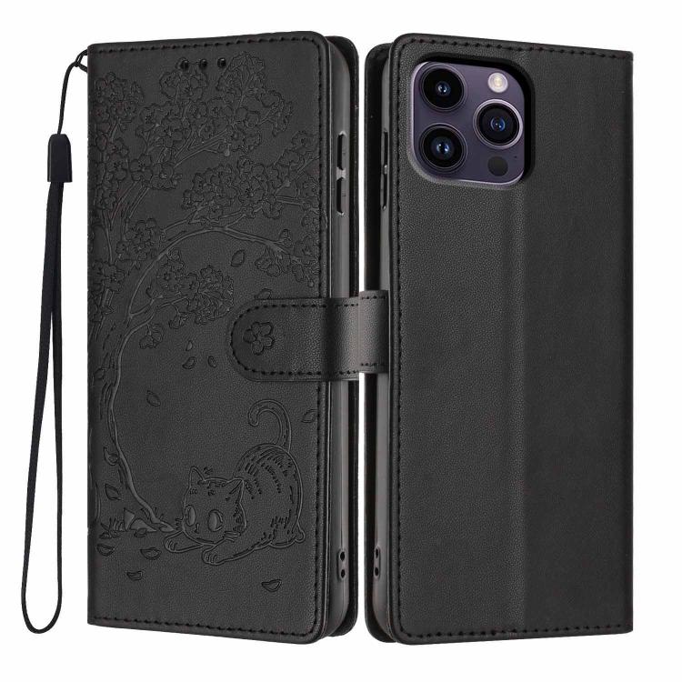 Funda para teléfono plegable de piel vegana con relieve de gato y árbol, For iPhone 14 Pro Max, For iPhone 13 Pro Max, For iPhone 13 Pro, For iPhone 13, For iPhone 12 Pro Max, For iPhone 12 / 12 Pro