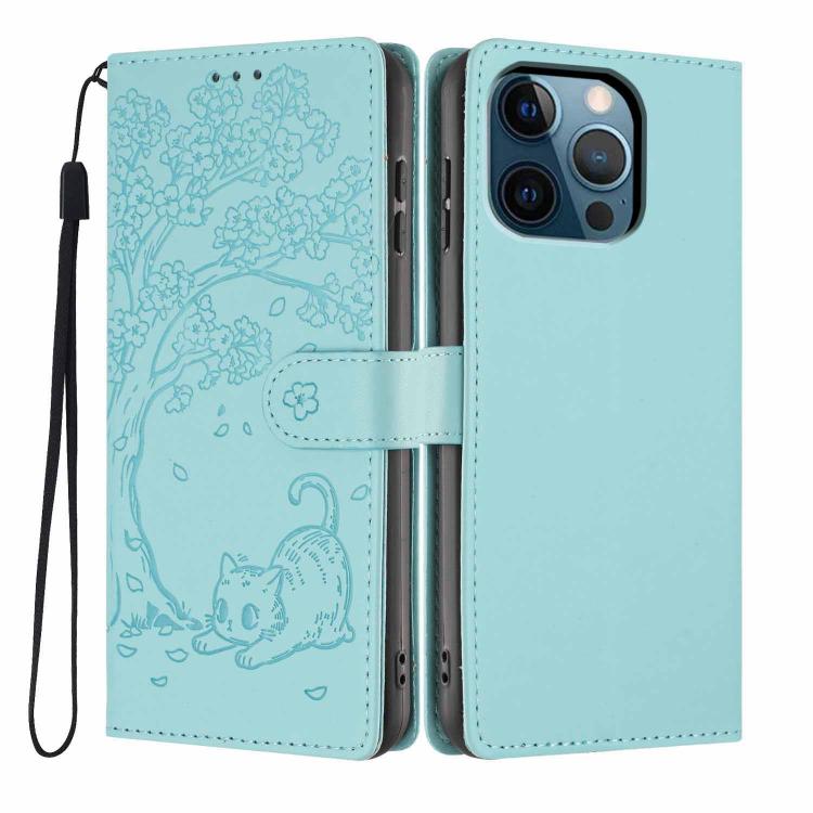 Funda para teléfono plegable de piel vegana con relieve de gato y árbol, For iPhone 14 Pro Max, For iPhone 13 Pro Max, For iPhone 13 Pro, For iPhone 13, For iPhone 12 Pro Max, For iPhone 12 / 12 Pro