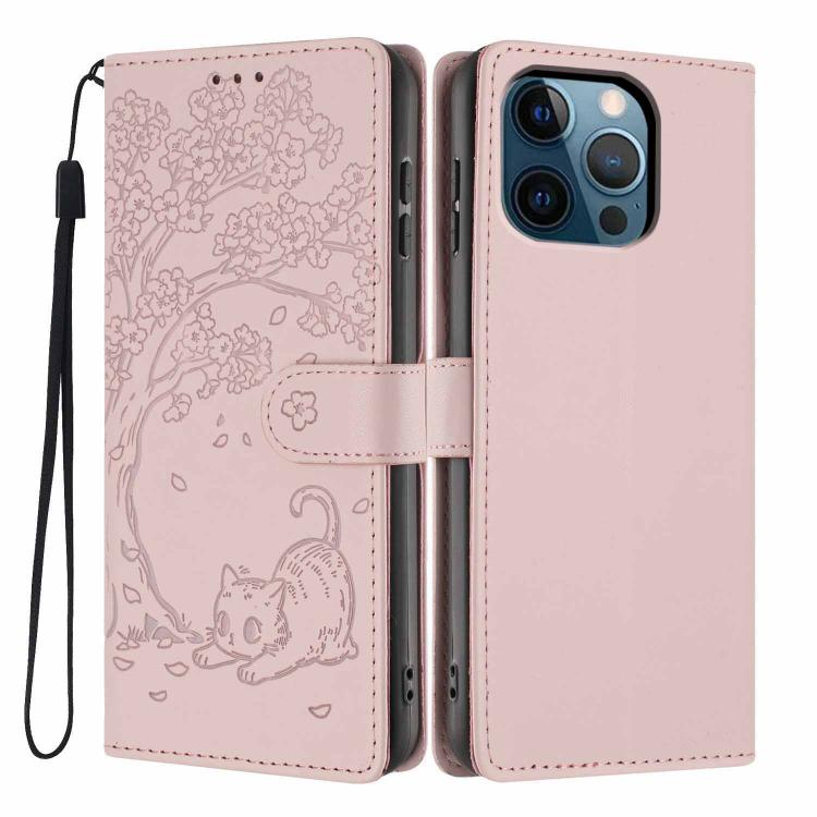 Funda para teléfono plegable de piel vegana con relieve de gato y árbol, For iPhone 14 Pro Max, For iPhone 13 Pro Max, For iPhone 13 Pro, For iPhone 13, For iPhone 12 Pro Max, For iPhone 12 / 12 Pro