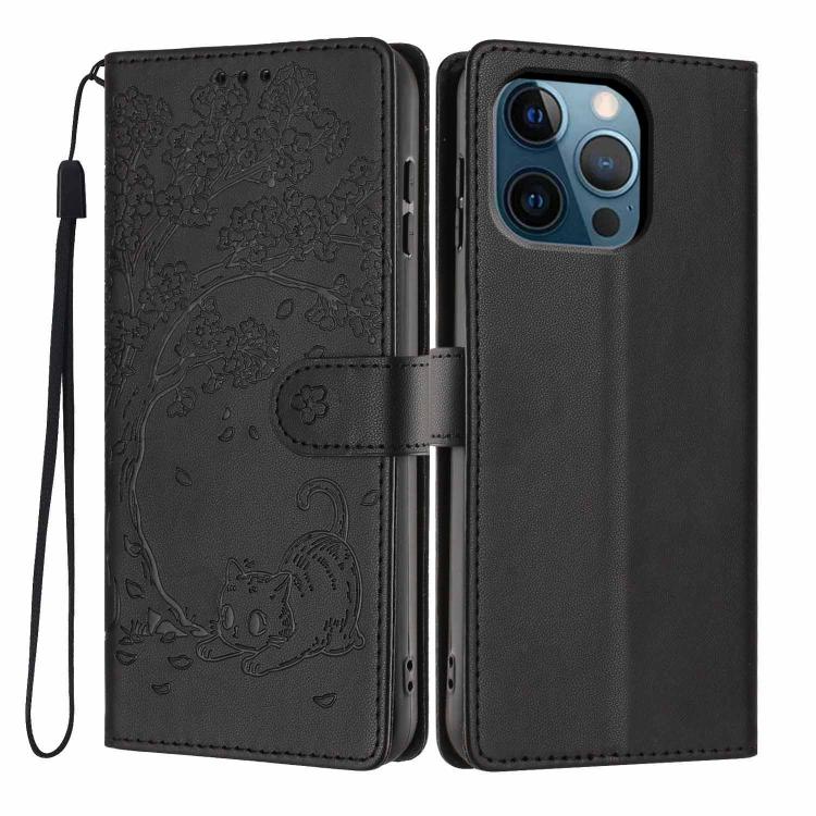 Funda para teléfono plegable de piel vegana con relieve de gato y árbol, For iPhone 14 Pro Max, For iPhone 13 Pro Max, For iPhone 13 Pro, For iPhone 13, For iPhone 12 Pro Max, For iPhone 12 / 12 Pro