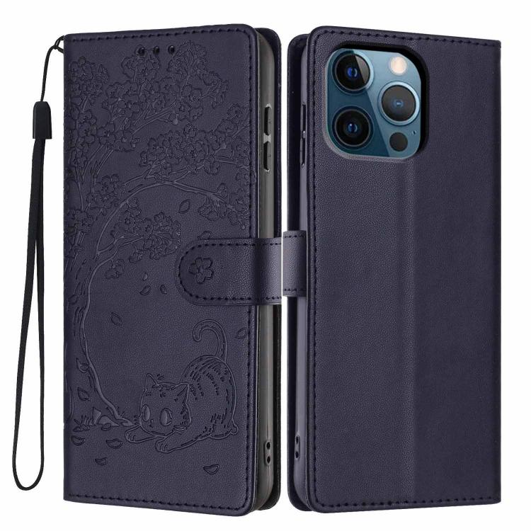 Funda para teléfono plegable de piel vegana con relieve de gato y árbol, For iPhone 14 Pro Max, For iPhone 13 Pro Max, For iPhone 13 Pro, For iPhone 13, For iPhone 12 Pro Max, For iPhone 12 / 12 Pro