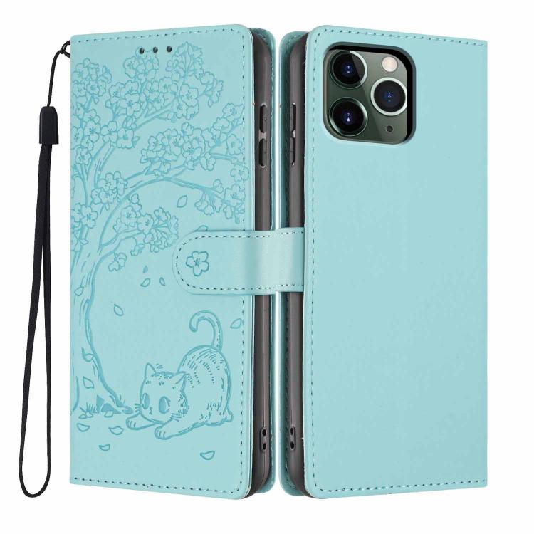 Funda para teléfono plegable de piel vegana con relieve de gato y árbol, For iPhone 11 Pro Max, For iPhone 11, For iPhone 11 Pro