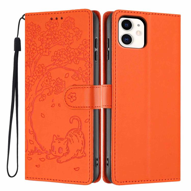 Funda para teléfono plegable de piel vegana con relieve de gato y árbol, For iPhone 11 Pro Max, For iPhone 11, For iPhone 11 Pro