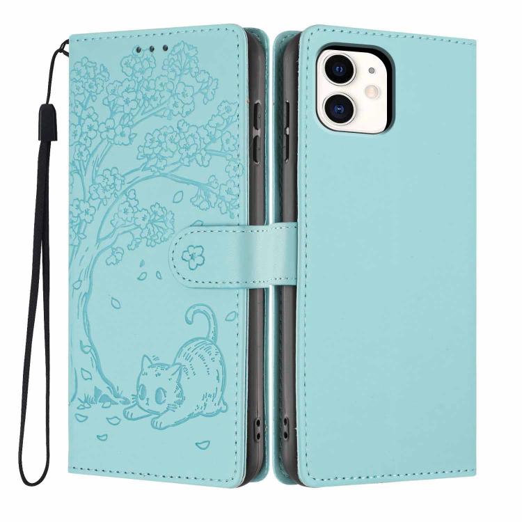 Funda para teléfono plegable de piel vegana con relieve de gato y árbol, For iPhone 11 Pro Max, For iPhone 11, For iPhone 11 Pro