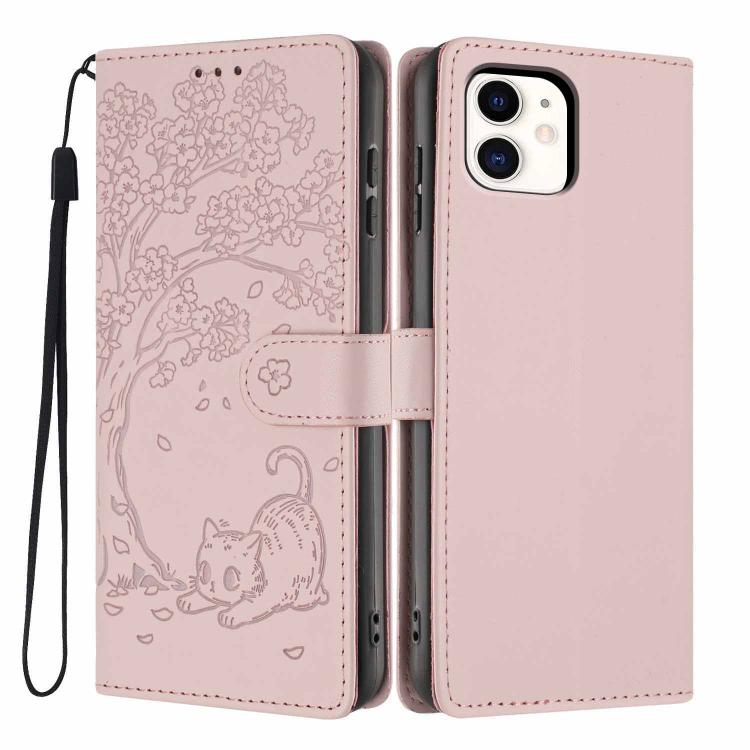 Funda para teléfono plegable de piel vegana con relieve de gato y árbol, For iPhone 11 Pro Max, For iPhone 11, For iPhone 11 Pro