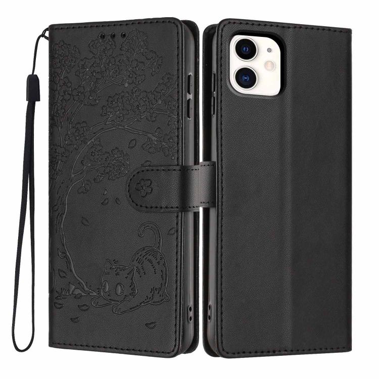 Funda para teléfono plegable de piel vegana con relieve de gato y árbol, For iPhone 11 Pro Max, For iPhone 11, For iPhone 11 Pro