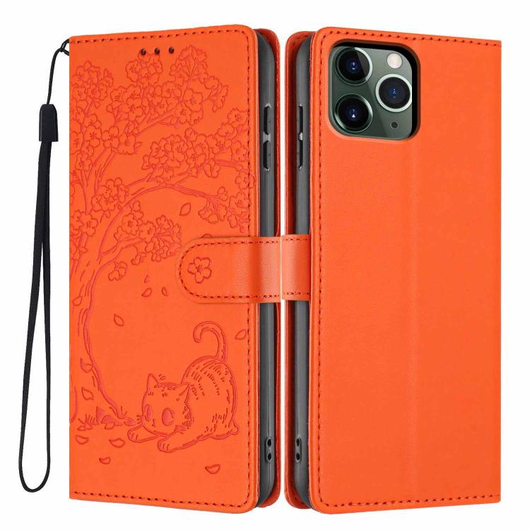 Funda para teléfono plegable de piel vegana con relieve de gato y árbol, For iPhone 11 Pro Max, For iPhone 11, For iPhone 11 Pro