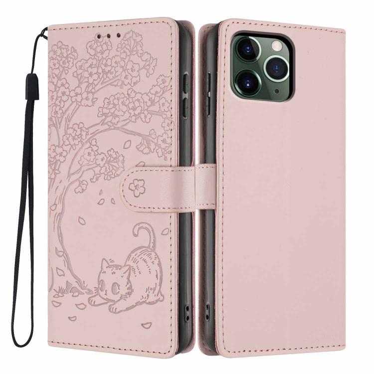 Funda para teléfono plegable de piel vegana con relieve de gato y árbol, For iPhone 11 Pro Max, For iPhone 11, For iPhone 11 Pro