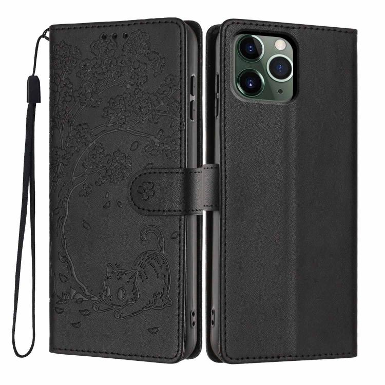 Funda para teléfono plegable de piel vegana con relieve de gato y árbol, For iPhone 11 Pro Max, For iPhone 11, For iPhone 11 Pro