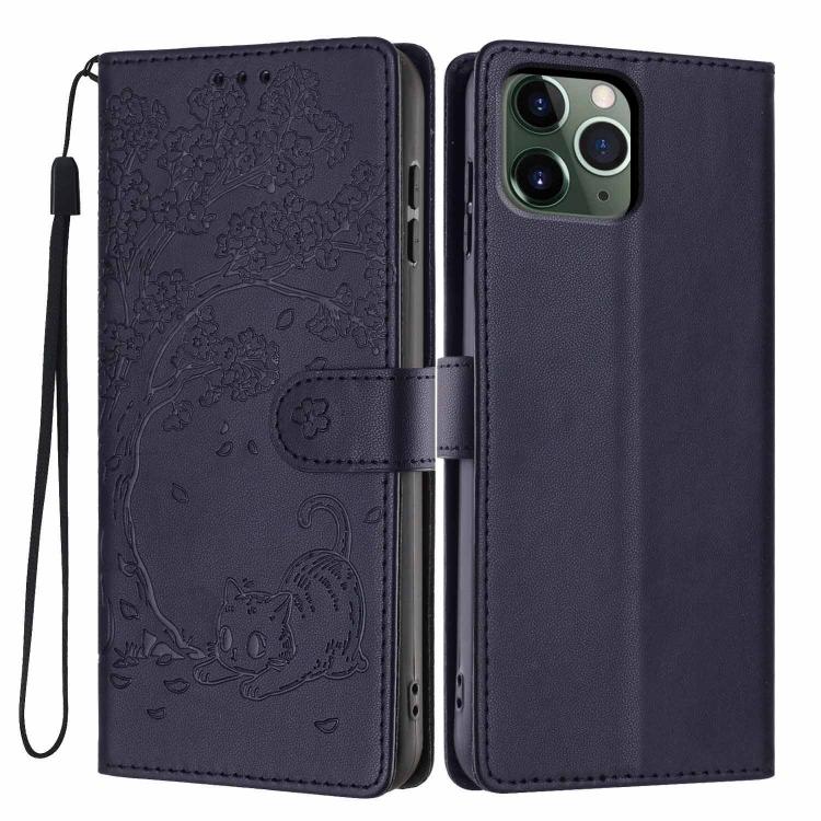 Funda para teléfono plegable de piel vegana con relieve de gato y árbol, For iPhone 11 Pro Max, For iPhone 11, For iPhone 11 Pro