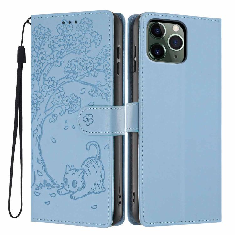 Funda para teléfono plegable de piel vegana con relieve de gato y árbol, For iPhone 11 Pro Max, For iPhone 11, For iPhone 11 Pro
