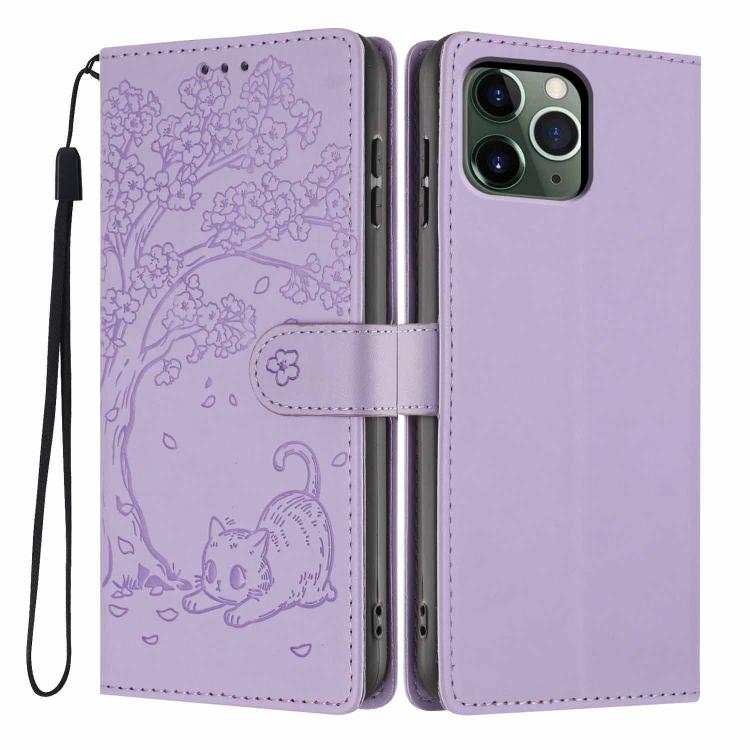 Funda para teléfono plegable de piel vegana con relieve de gato y árbol, For iPhone 11 Pro Max, For iPhone 11, For iPhone 11 Pro
