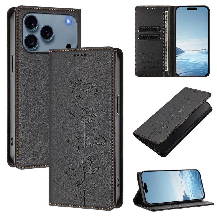 Funda para teléfono de cuero vegano magnética RFID con estampado de lindos gatos, For iPhone 18 Pro / 17 Pro, For iPhone 18 Pro Max / 17 Pro Max, For iPhone 17e / 16e, For iPhone 17