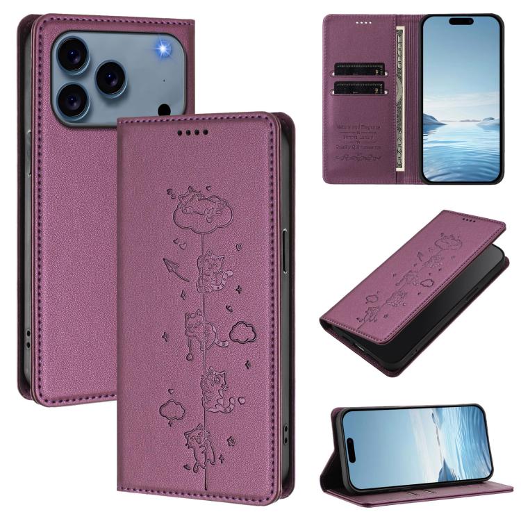 Funda para teléfono de cuero vegano magnética RFID con estampado de lindos gatos, For iPhone 18 Pro / 17 Pro, For iPhone 18 Pro Max / 17 Pro Max, For iPhone 17e / 16e, For iPhone 17