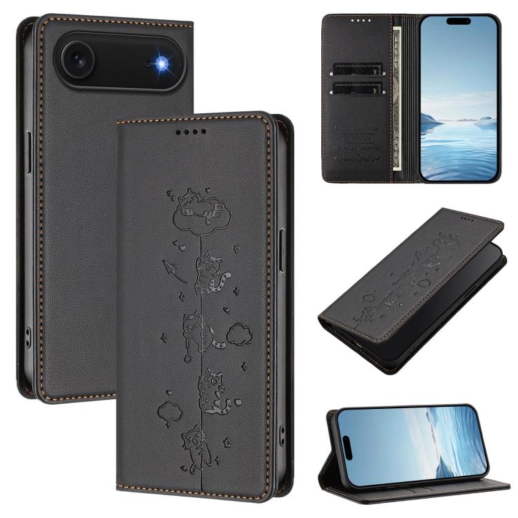 Funda para teléfono de cuero vegano magnética RFID con estampado de lindos gatos, For iPhone Air, For iPhone 16 Pro Max, For iPhone 16 Pro, For iPhone 16 Plus