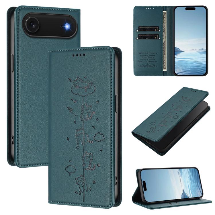 Funda para teléfono de cuero vegano magnética RFID con estampado de lindos gatos, For iPhone Air, For iPhone 16 Pro Max, For iPhone 16 Pro, For iPhone 16 Plus