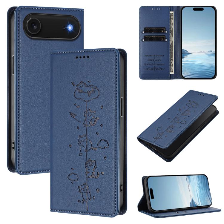 Funda para teléfono de cuero vegano magnética RFID con estampado de lindos gatos, For iPhone Air, For iPhone 16 Pro Max, For iPhone 16 Pro, For iPhone 16 Plus