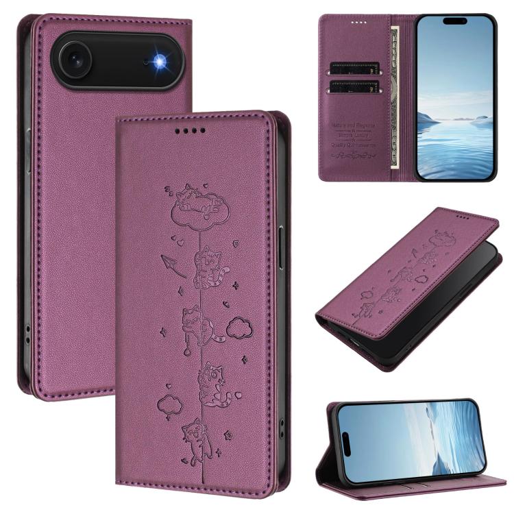 Funda para teléfono de cuero vegano magnética RFID con estampado de lindos gatos, For iPhone Air, For iPhone 16 Pro Max, For iPhone 16 Pro, For iPhone 16 Plus