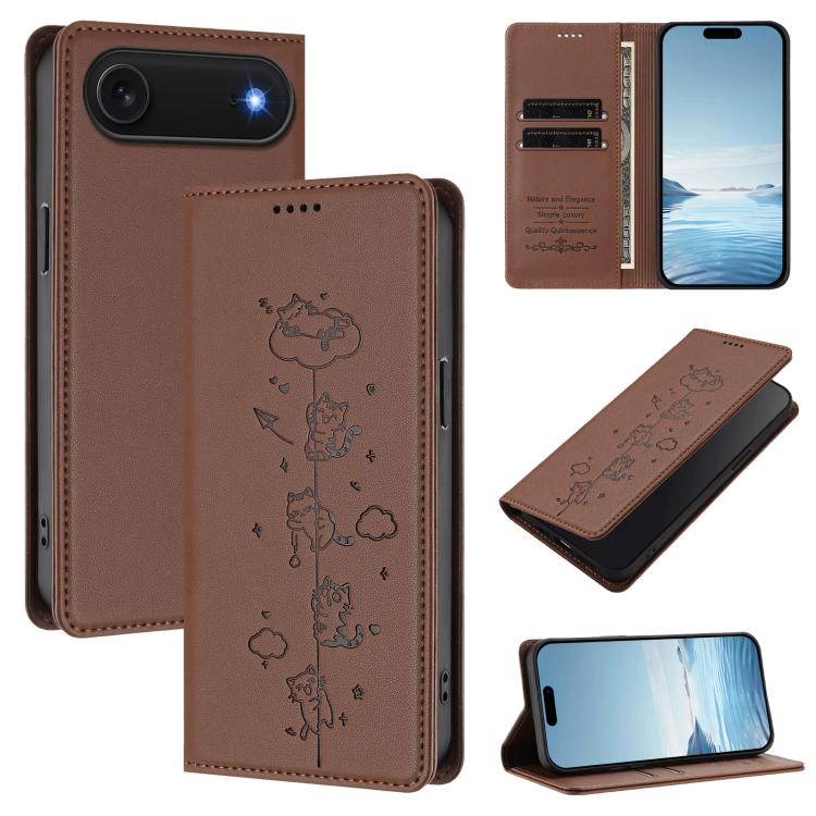 Funda para teléfono de cuero vegano magnética RFID con estampado de lindos gatos, For iPhone Air, For iPhone 16 Pro Max, For iPhone 16 Pro, For iPhone 16 Plus