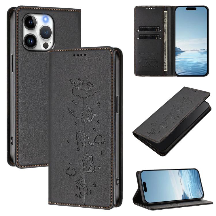 Funda para teléfono de cuero vegano magnética RFID con estampado de lindos gatos, For iPhone Air, For iPhone 16 Pro Max, For iPhone 16 Pro, For iPhone 16 Plus