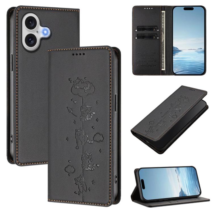 Funda para teléfono de cuero vegano magnética RFID con estampado de lindos gatos, For iPhone Air, For iPhone 16 Pro Max, For iPhone 16 Pro, For iPhone 16 Plus