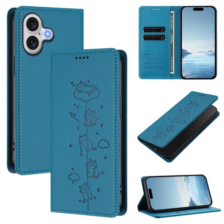 Funda para teléfono de cuero vegano magnética RFID con estampado de lindos gatos, For iPhone Air, For iPhone 16 Pro Max, For iPhone 16 Pro, For iPhone 16 Plus