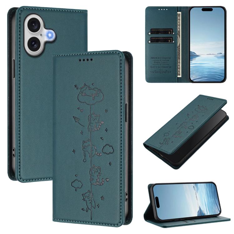 Funda para teléfono de cuero vegano magnética RFID con estampado de lindos gatos, For iPhone Air, For iPhone 16 Pro Max, For iPhone 16 Pro, For iPhone 16 Plus