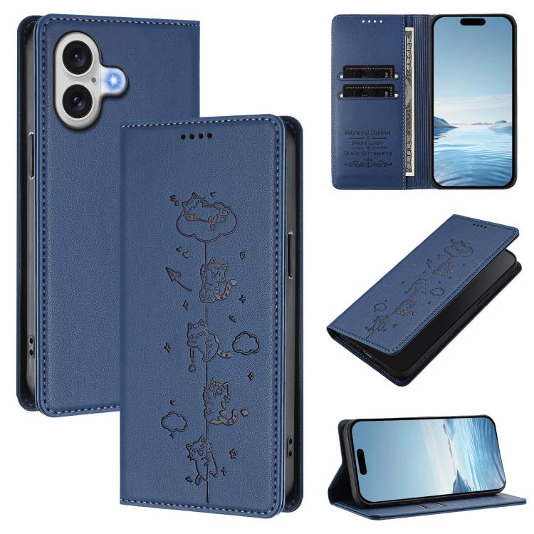 Funda para teléfono de cuero vegano magnética RFID con estampado de lindos gatos, For iPhone Air, For iPhone 16 Pro Max, For iPhone 16 Pro, For iPhone 16 Plus