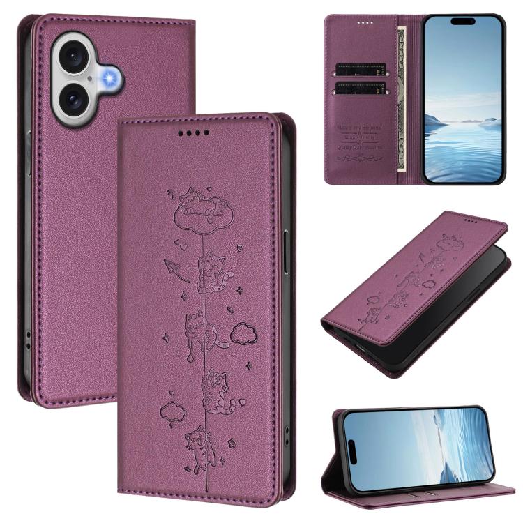 Funda para teléfono de cuero vegano magnética RFID con estampado de lindos gatos, For iPhone Air, For iPhone 16 Pro Max, For iPhone 16 Pro, For iPhone 16 Plus