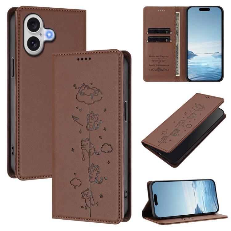 Funda para teléfono de cuero vegano magnética RFID con estampado de lindos gatos, For iPhone Air, For iPhone 16 Pro Max, For iPhone 16 Pro, For iPhone 16 Plus