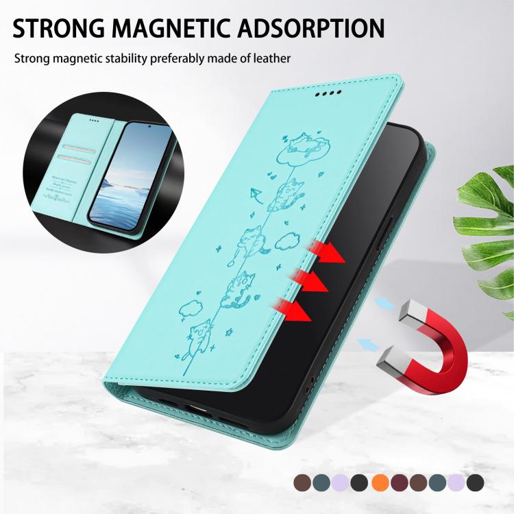 Funda para teléfono de cuero vegano magnética RFID con estampado de lindos gatos, For iPhone 17e / 16e, For iPhone 17 Pro Max, For iPhone 17 Pro, For iPhone 17