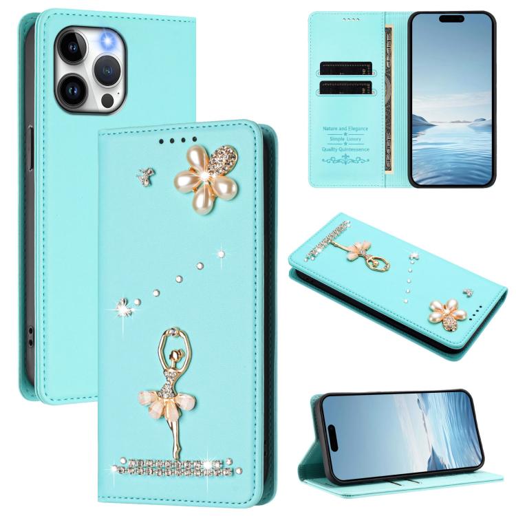 Funda para teléfono de piel vegana con protección RFID y diamantes de imitación de la bailarina de ballet, For iPhone 15, For iPhone 14 Plus, For iPhone 14 / 13, For iPhone 14 Pro, For iPhone 14 Pro Max, For iPhone 13 Pro Max