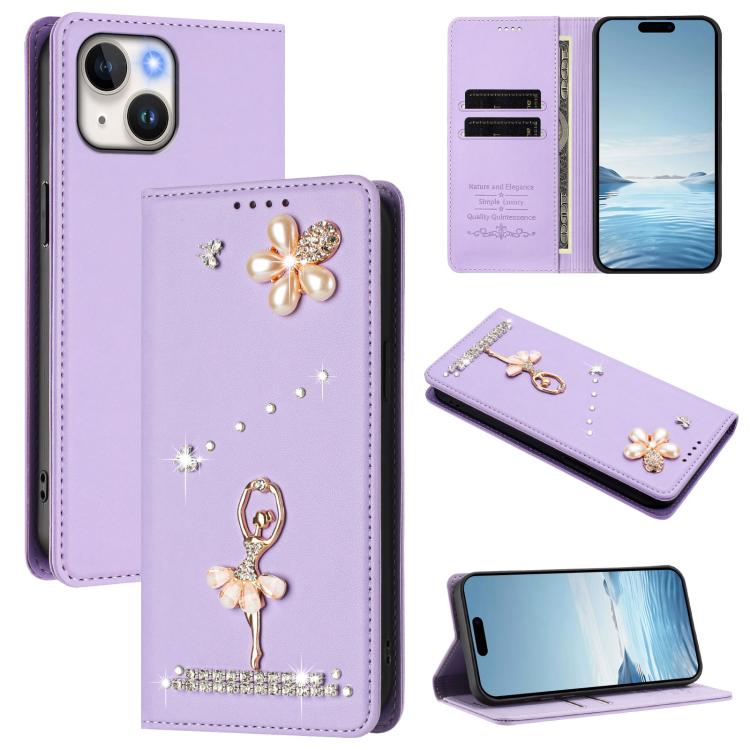 Funda para teléfono de piel vegana con protección RFID y diamantes de imitación de la bailarina de ballet, For iPhone 15, For iPhone 14 Plus, For iPhone 14 / 13, For iPhone 14 Pro, For iPhone 14 Pro Max, For iPhone 13 Pro Max