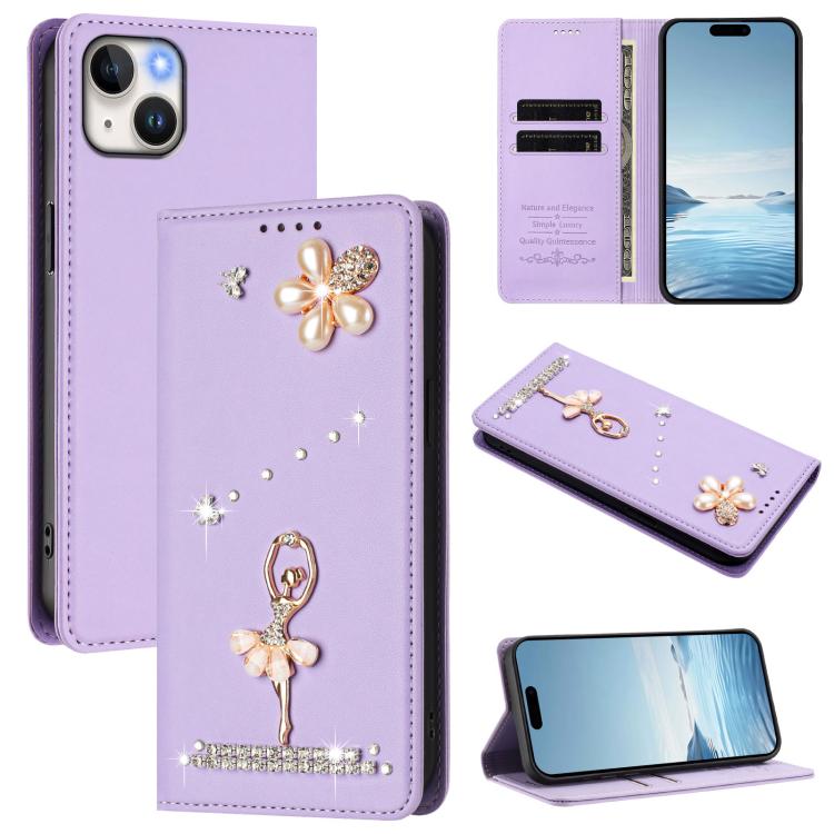 Funda para teléfono de piel vegana con protección RFID y diamantes de imitación de la bailarina de ballet, For iPhone 15, For iPhone 14 Plus, For iPhone 14 / 13, For iPhone 14 Pro, For iPhone 14 Pro Max, For iPhone 13 Pro Max