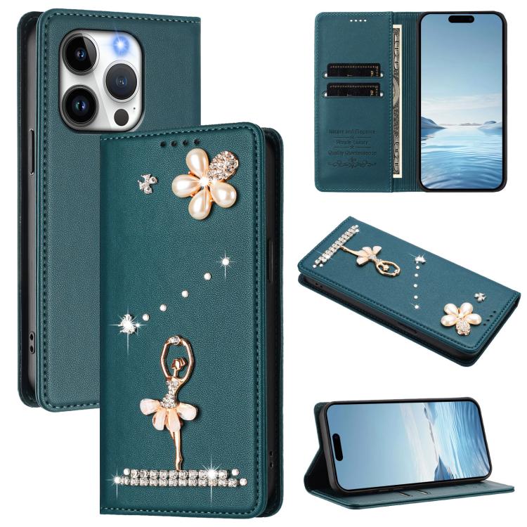 Funda para teléfono de piel vegana con protección RFID y diamantes de imitación de la bailarina de ballet, For iPhone 15, For iPhone 14 Plus, For iPhone 14 / 13, For iPhone 14 Pro, For iPhone 14 Pro Max, For iPhone 13 Pro Max
