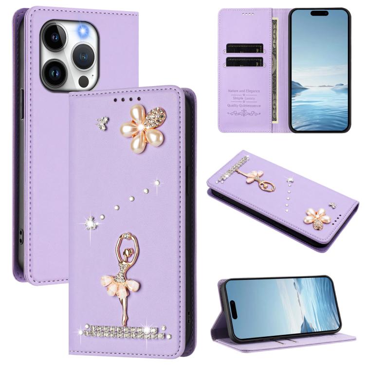 Funda para teléfono de piel vegana con protección RFID y diamantes de imitación de la bailarina de ballet, For iPhone 15, For iPhone 14 Plus, For iPhone 14 / 13, For iPhone 14 Pro, For iPhone 14 Pro Max, For iPhone 13 Pro Max