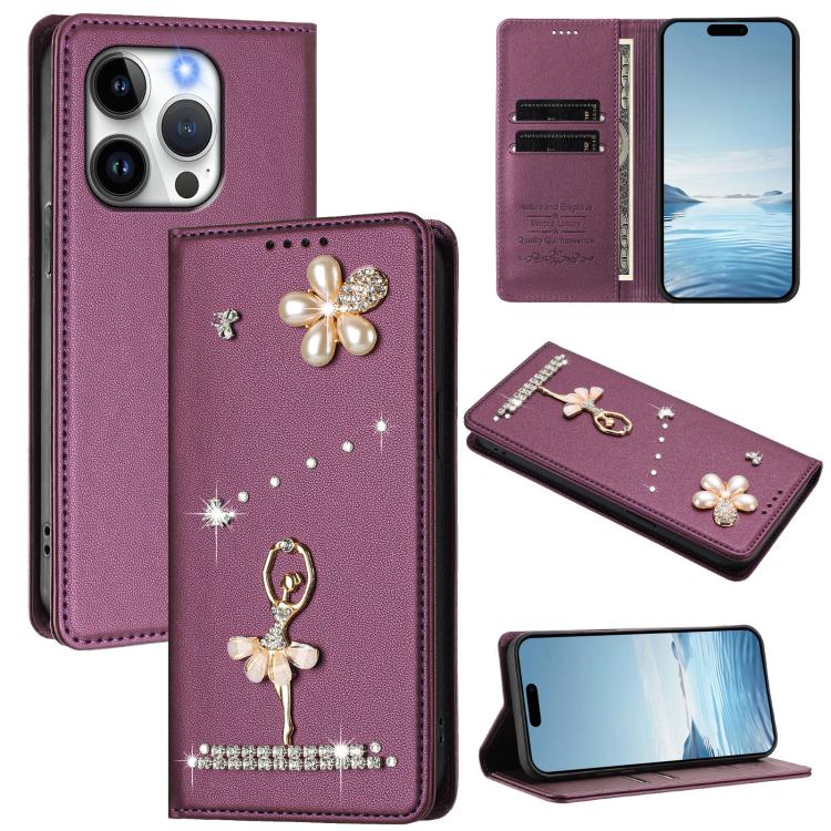 Funda para teléfono de piel vegana con protección RFID y diamantes de imitación de la bailarina de ballet, For iPhone 15, For iPhone 14 Plus, For iPhone 14 / 13, For iPhone 14 Pro, For iPhone 14 Pro Max, For iPhone 13 Pro Max