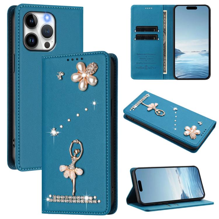 Funda para teléfono de piel vegana con protección RFID y diamantes de imitación de la bailarina de ballet, For iPhone 15, For iPhone 14 Plus, For iPhone 14 / 13, For iPhone 14 Pro, For iPhone 14 Pro Max, For iPhone 13 Pro Max