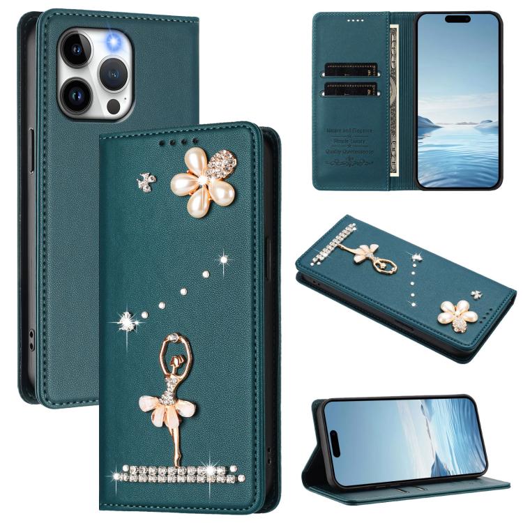 Funda para teléfono de piel vegana con protección RFID y diamantes de imitación de la bailarina de ballet, For iPhone 15, For iPhone 14 Plus, For iPhone 14 / 13, For iPhone 14 Pro, For iPhone 14 Pro Max, For iPhone 13 Pro Max