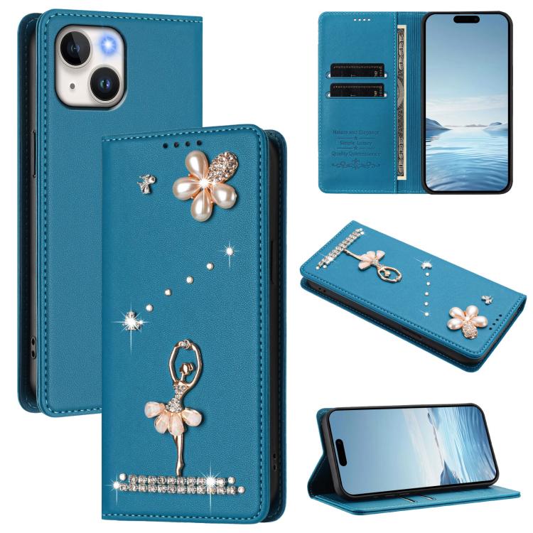 Funda para teléfono de piel vegana con protección RFID y diamantes de imitación de la bailarina de ballet, For iPhone 15, For iPhone 14 Plus, For iPhone 14 / 13, For iPhone 14 Pro, For iPhone 14 Pro Max, For iPhone 13 Pro Max