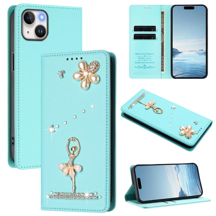 Funda para teléfono de piel vegana con protección RFID y diamantes de imitación de la bailarina de ballet, For iPhone 16 Pro, For iPhone 16 Plus, For iPhone 16, For iPhone 15 Pro Max, For iPhone 15 Pro, For iPhone 15 Plus