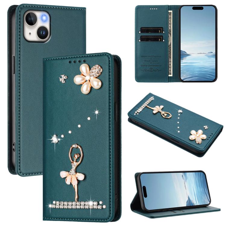 Funda para teléfono de piel vegana con protección RFID y diamantes de imitación de la bailarina de ballet, For iPhone 16 Pro, For iPhone 16 Plus, For iPhone 16, For iPhone 15 Pro Max, For iPhone 15 Pro, For iPhone 15 Plus