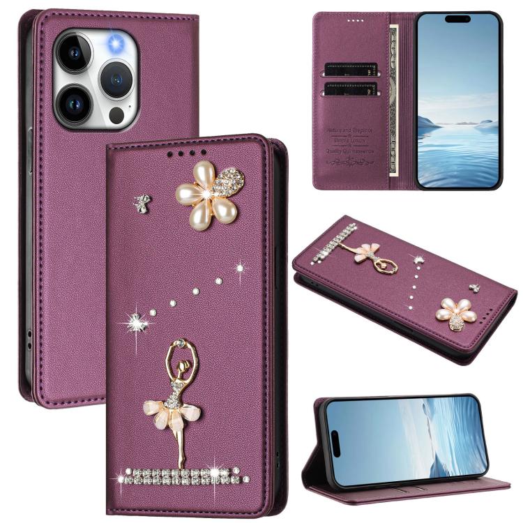 Funda para teléfono de piel vegana con protección RFID y diamantes de imitación de la bailarina de ballet, For iPhone 16 Pro, For iPhone 16 Plus, For iPhone 16, For iPhone 15 Pro Max, For iPhone 15 Pro, For iPhone 15 Plus