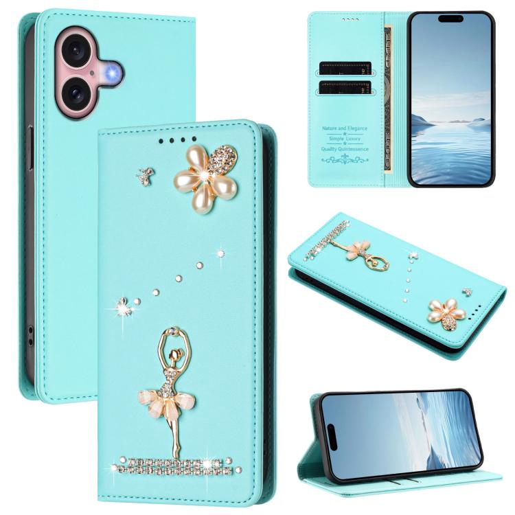 Funda para teléfono de piel vegana con protección RFID y diamantes de imitación de la bailarina de ballet, For iPhone 16 Pro, For iPhone 16 Plus, For iPhone 16, For iPhone 15 Pro Max, For iPhone 15 Pro, For iPhone 15 Plus