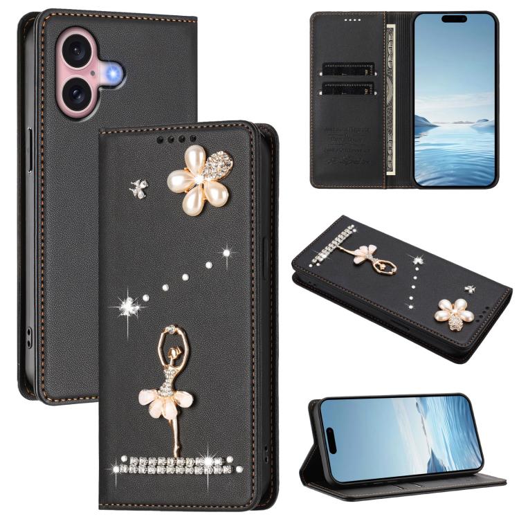 Funda para teléfono de piel vegana con protección RFID y diamantes de imitación de la bailarina de ballet, For iPhone 16 Pro, For iPhone 16 Plus, For iPhone 16, For iPhone 15 Pro Max, For iPhone 15 Pro, For iPhone 15 Plus
