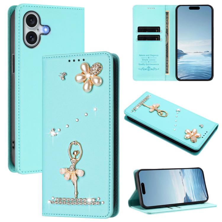 Funda para teléfono de piel vegana con protección RFID y diamantes de imitación de la bailarina de ballet, For iPhone 16 Pro, For iPhone 16 Plus, For iPhone 16, For iPhone 15 Pro Max, For iPhone 15 Pro, For iPhone 15 Plus