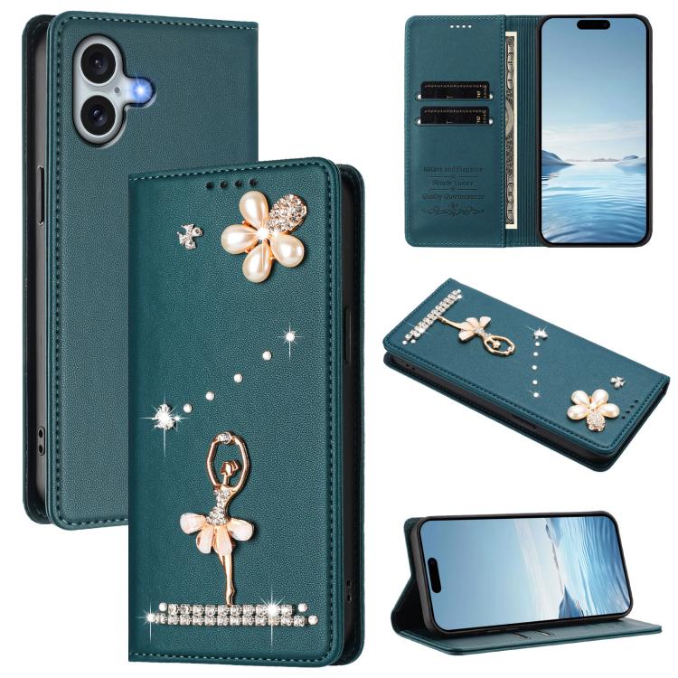 Funda para teléfono de piel vegana con protección RFID y diamantes de imitación de la bailarina de ballet, For iPhone 16 Pro, For iPhone 16 Plus, For iPhone 16, For iPhone 15 Pro Max, For iPhone 15 Pro, For iPhone 15 Plus
