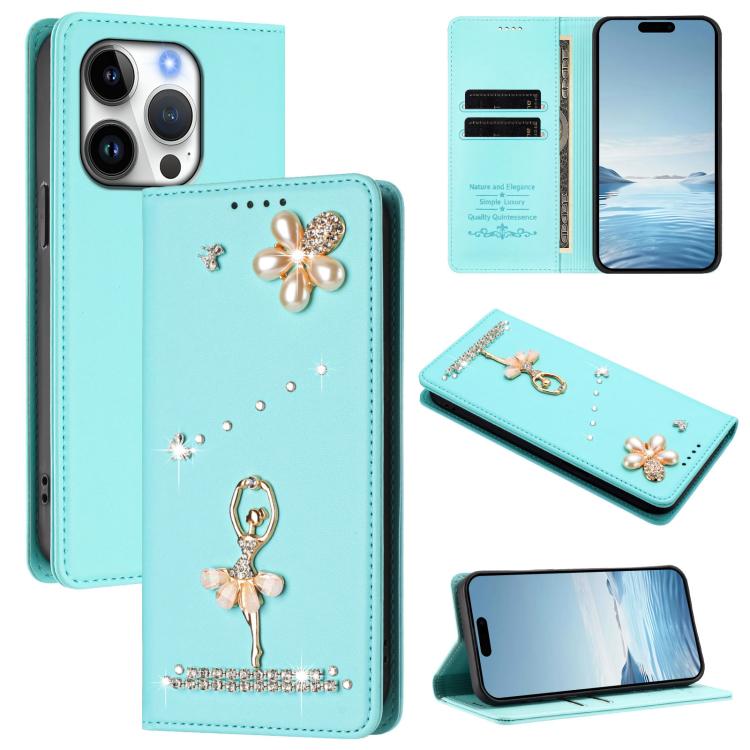 Funda para teléfono de piel vegana con protección RFID y diamantes de imitación de la bailarina de ballet, For iPhone 16 Pro, For iPhone 16 Plus, For iPhone 16, For iPhone 15 Pro Max, For iPhone 15 Pro, For iPhone 15 Plus